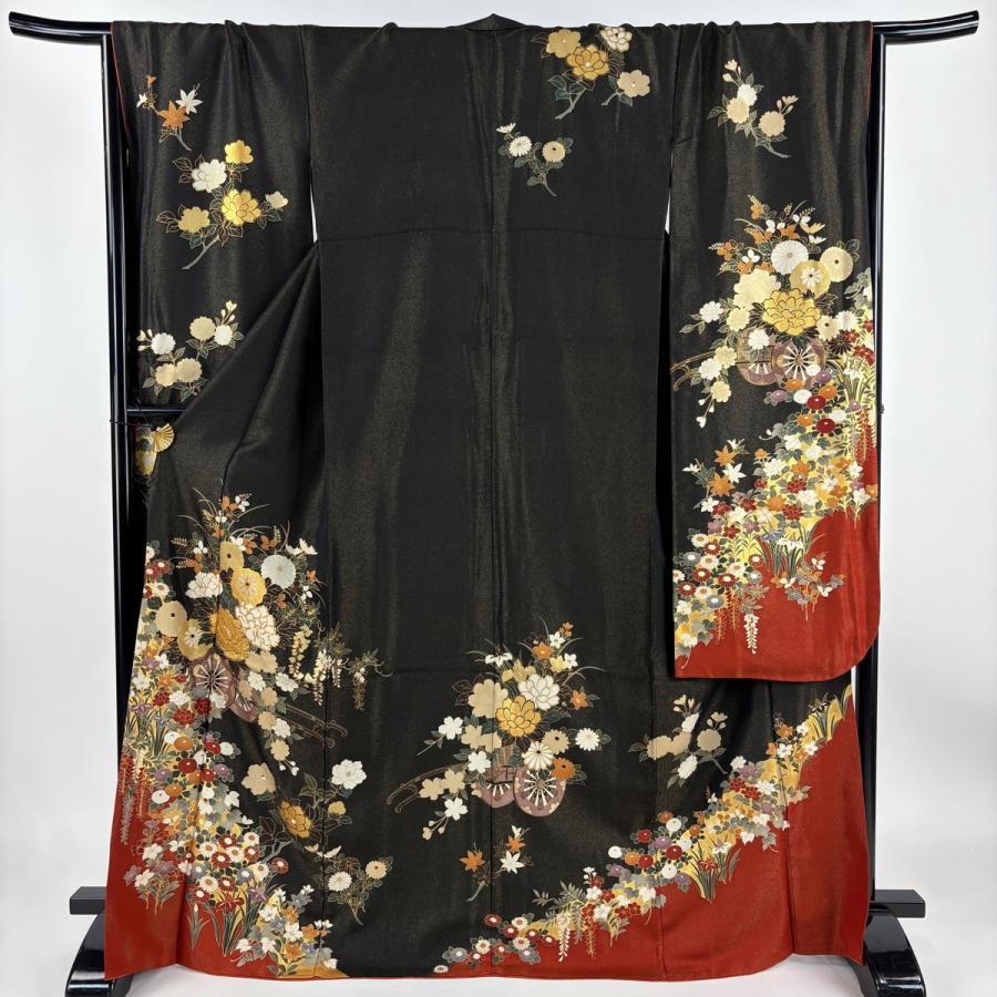 振袖 身丈169.5cm 裄丈70cm L 袷 花車 牡丹 金通し 金彩 黒 正絹 逸品