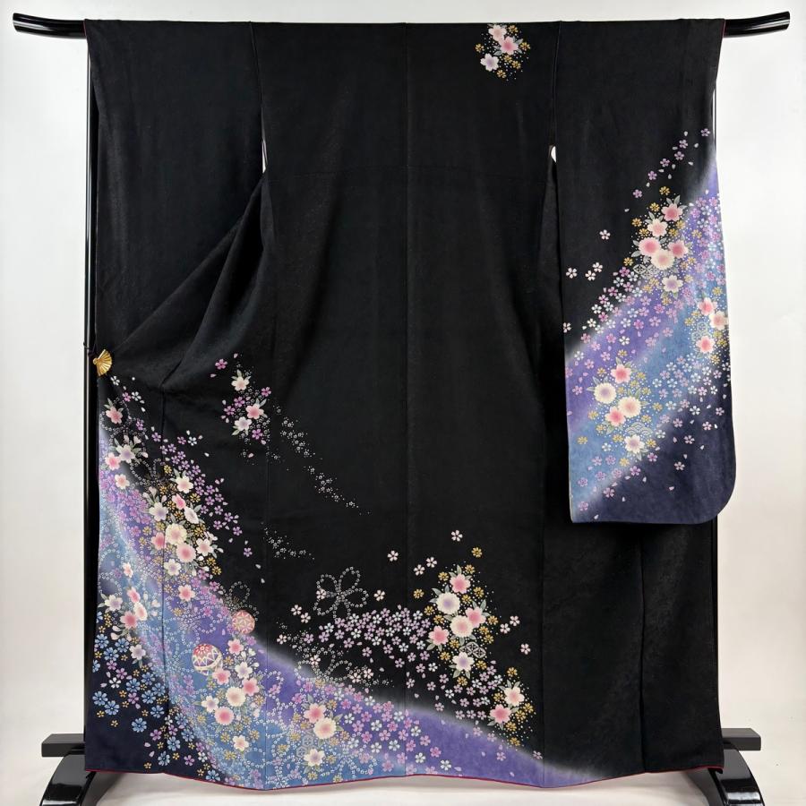 人気 振袖 身丈164.5cm 裄丈68cm L 袷 桜 流水 絞り 金銀彩 黒 正絹