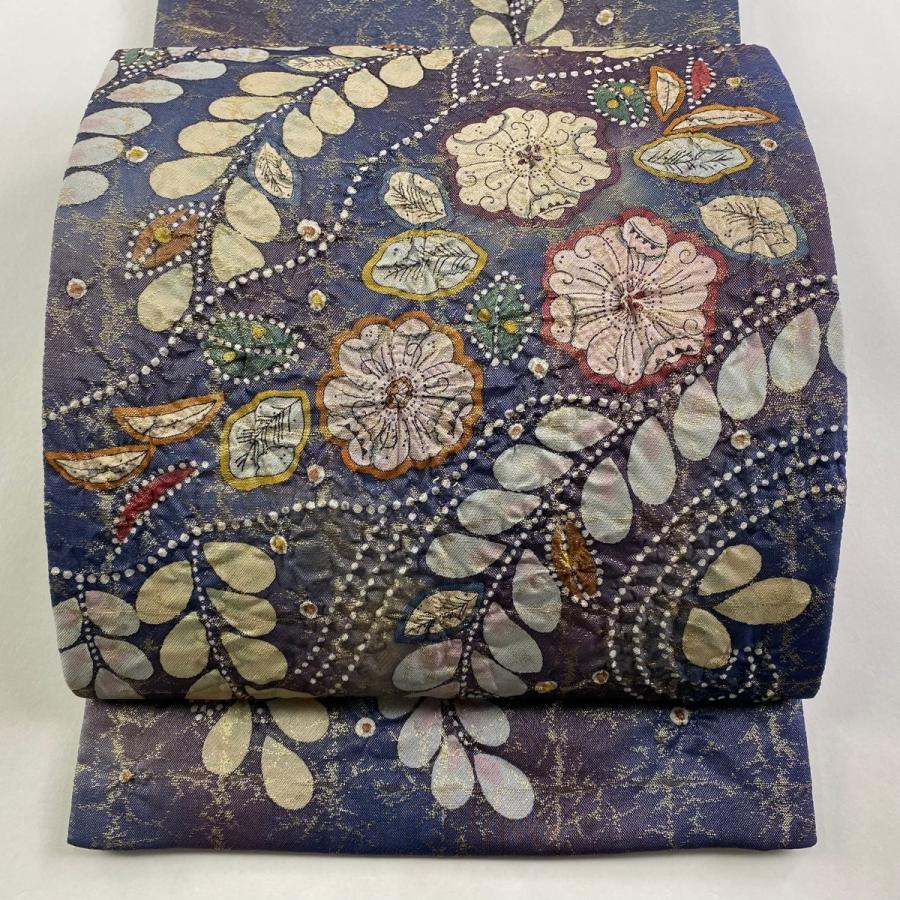 袋帯 美品 名品 落款あり 辻が花 銀糸 箔 青紫 お太鼓柄 正絹 中古