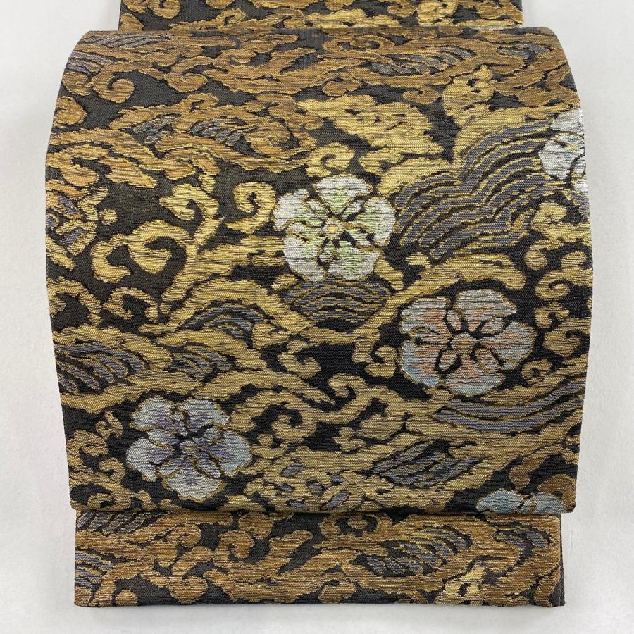 袋帯 美品 名品 花 波 箔 墨色 六通 正絹 中古 在庫一掃 : リユース