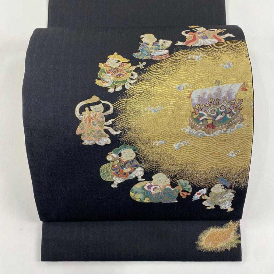 袋名古屋帯 美品 名品 招福七福神 箔 黒 正絹 中古 : リユース