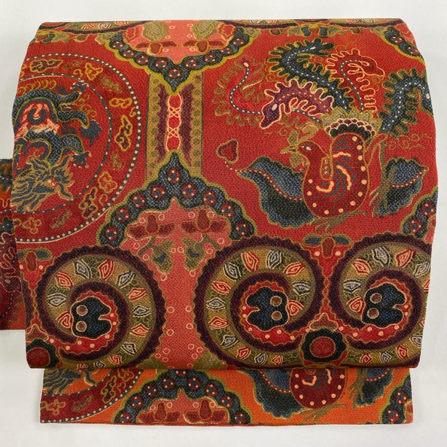 名古屋帯 美品 名品 山岡古都 落款あり 鳥 幾何学 縮緬 茜色 正絹 中古