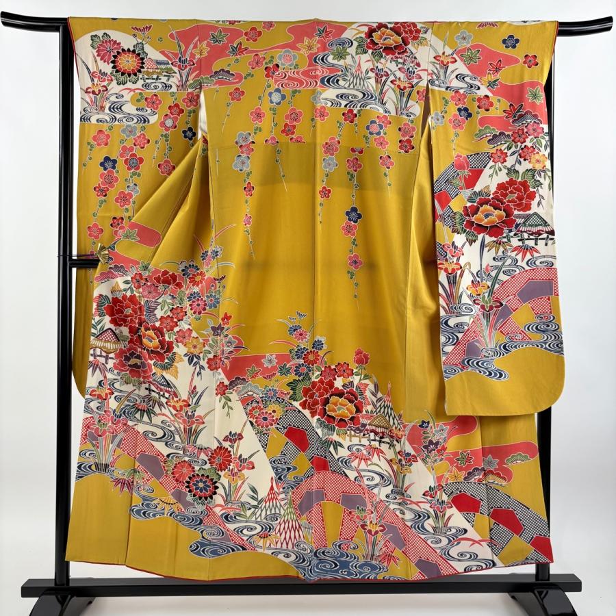 振袖 身丈155.5cm 裄丈65cm M 袷 牡丹 松竹梅 染め分け からし色 正絹 