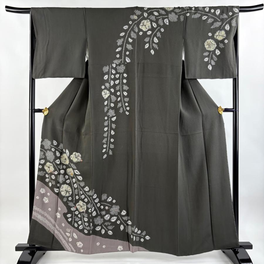 訪問着 身丈160cm 裄丈65cm M 袷 草花 霞 絞り 刺繍 灰緑 正絹 名品 一