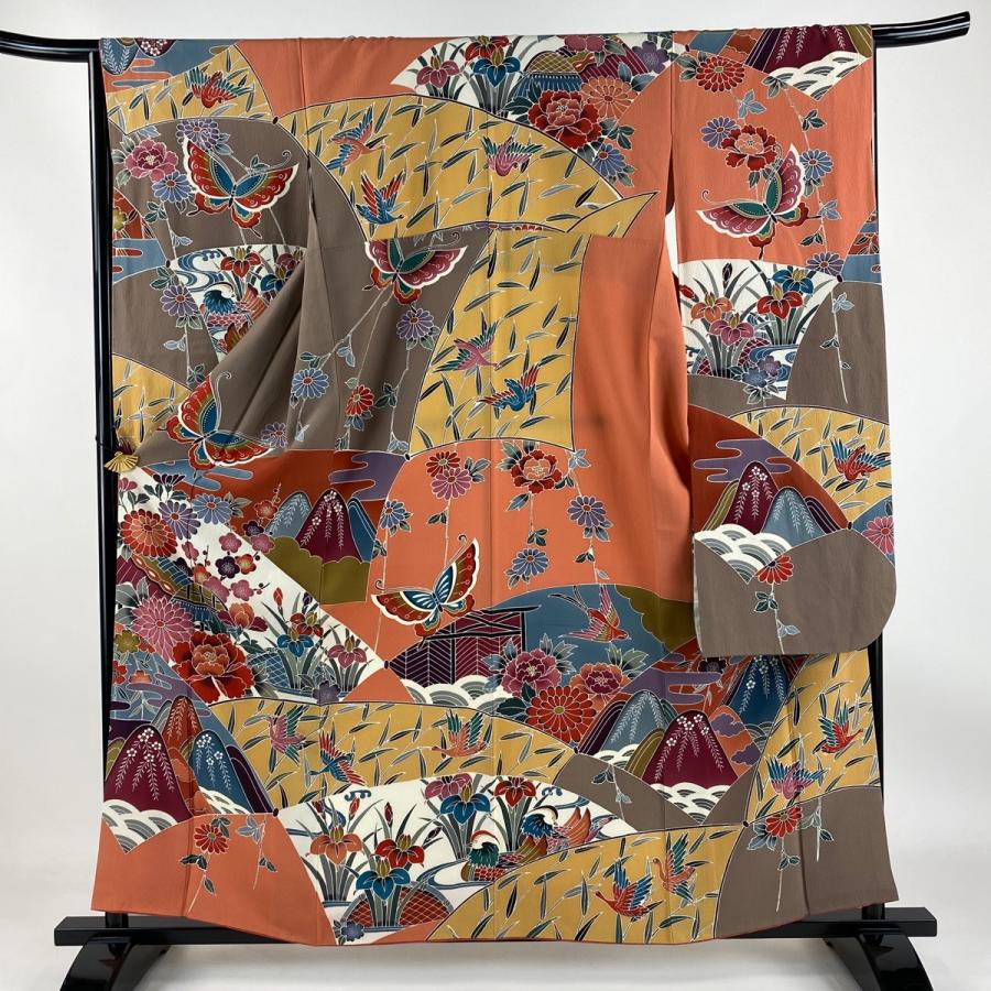振袖 身丈160cm 裄丈66cm M 袷 草花 鳥 灰茶 正絹 名品 中古