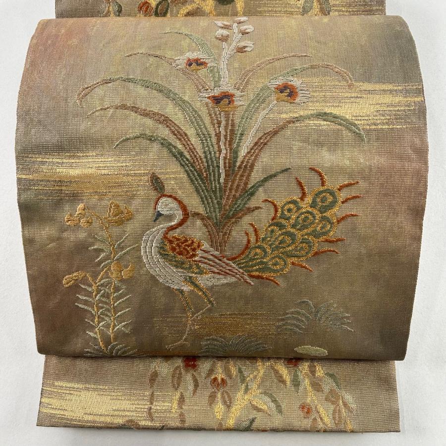 袋帯 美品 秀品 孔雀 草花 箔 金糸 薄茶色 六通 正絹 中古 在庫一掃 