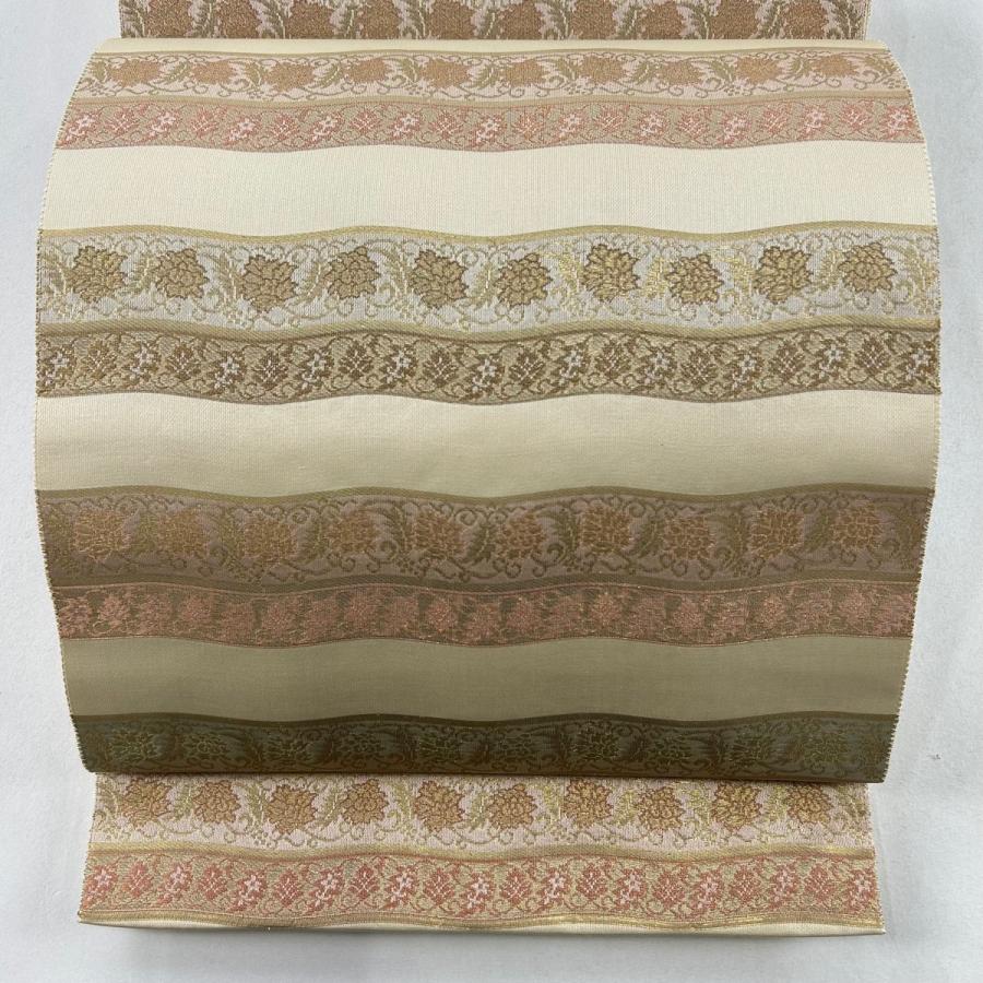 袋帯 秀品 花唐草 よろけ縞 箔 金糸 ベージュ お太鼓柄 正絹 中古