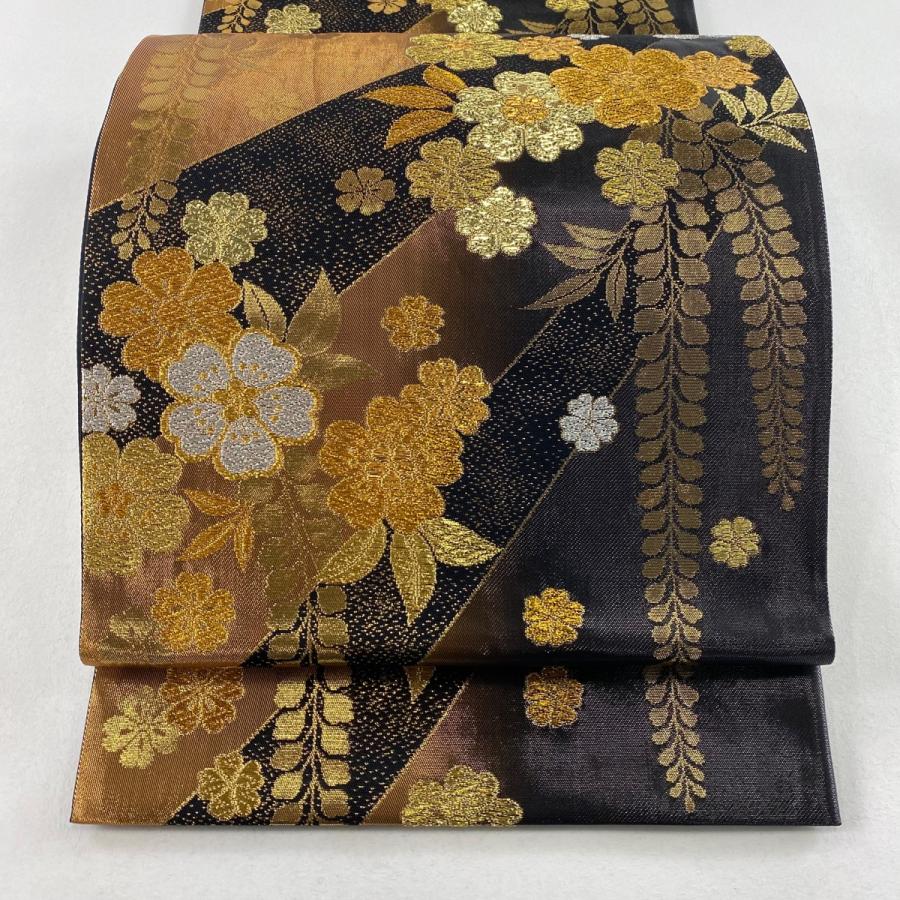袋帯 秀品 桜 藤 金銀糸 唐織 黒 六通 正絹 中古 : リユースセレクト