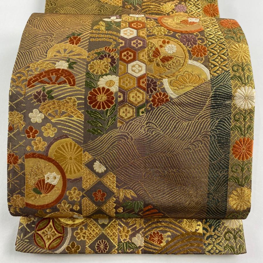 袋帯 美品 秀品 蝶 有職文様 金糸 箔 薄茶色 六通 正絹 中古 在庫一掃