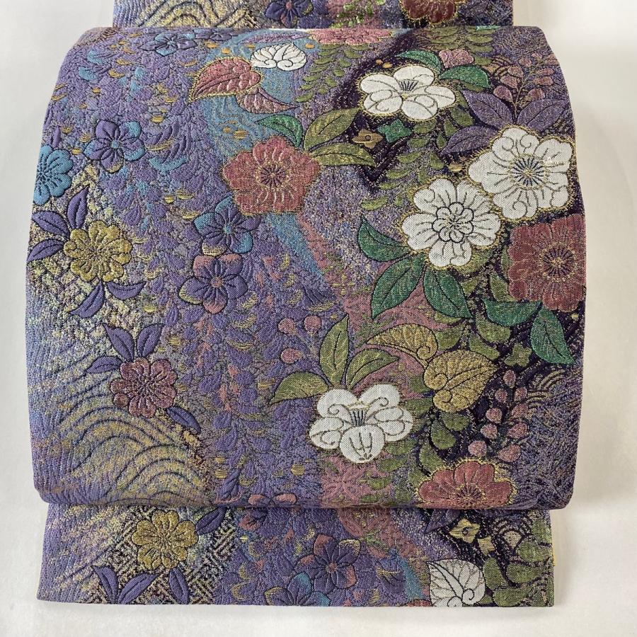 袋帯 秀品 やまと 振袖向き 辻が花 椿 箔 紫 六通 正絹 中古