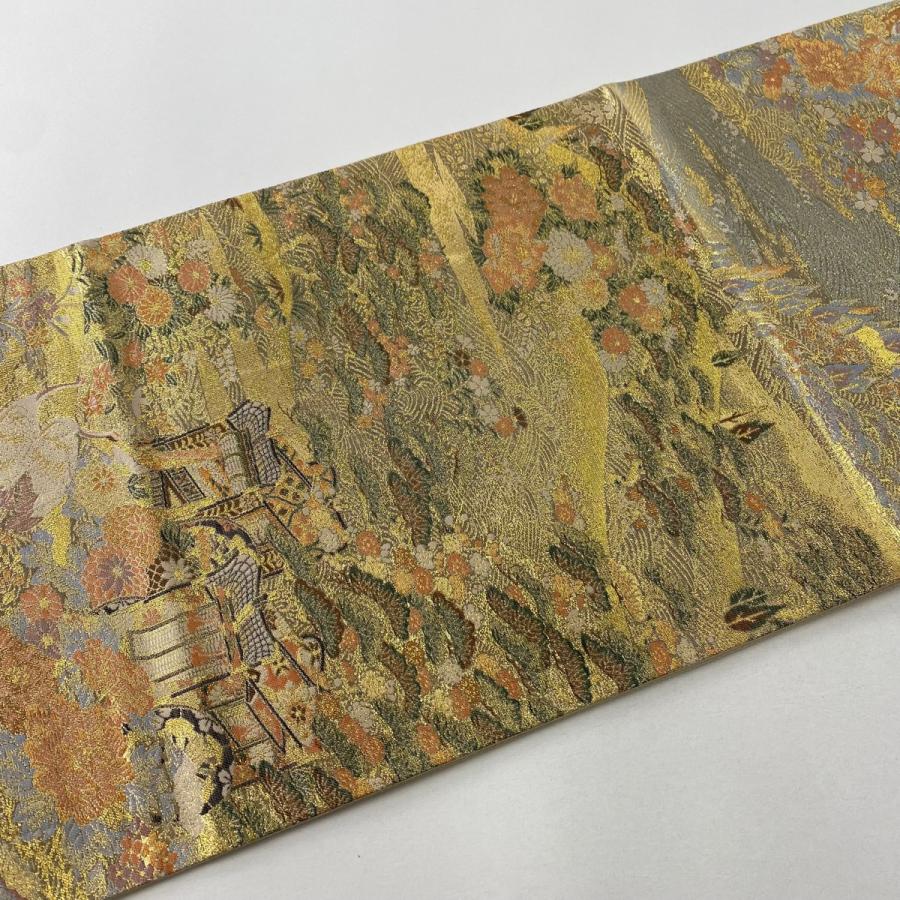 袋帯 美品 秀品 御所車 松 箔 金色 六通 正絹 中古 在庫一掃