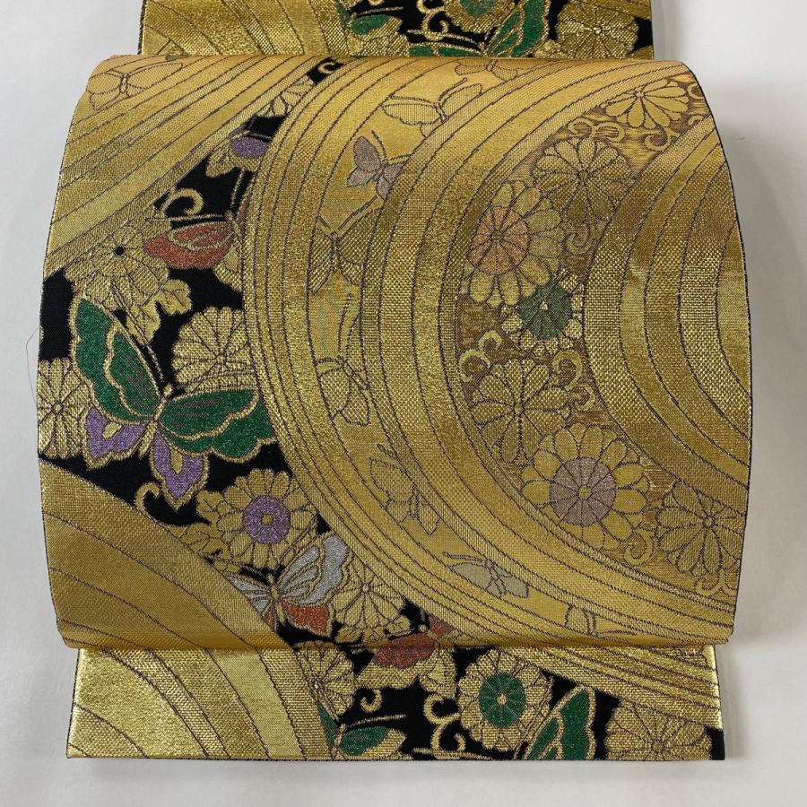 袋帯 美品 秀品 蝶 菊唐草 箔 金色 六通 正絹 中古 : リユースセレクト