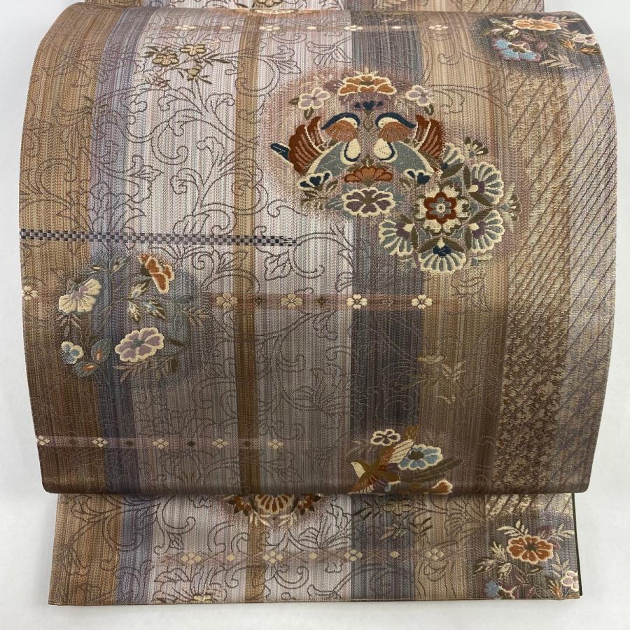袋帯 美品 秀品 正倉院彩文 鴛鴦 唐織 箔 茶色 六通 正絹 中古