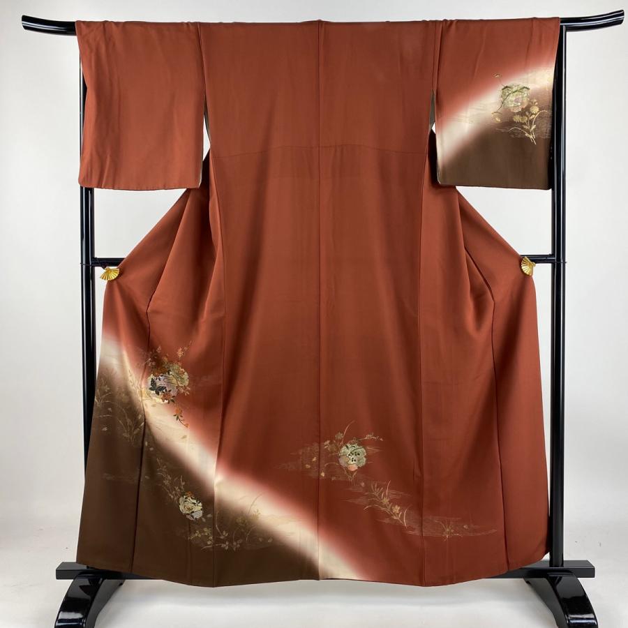 雪輪 付下げ訪問着 正絹着物 トールサイズ裄丈67 付下げ 身丈158.5cm 裄丈67cm M 袷 雪輪 蝶 金銀彩 染め分け 赤茶 正絹