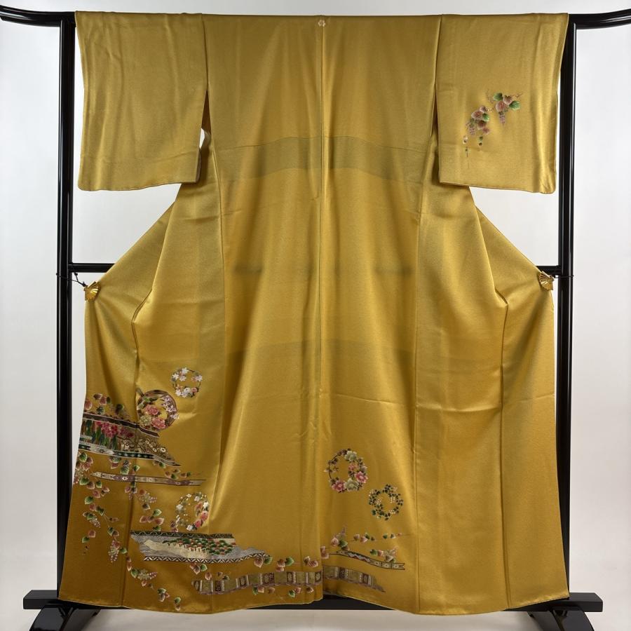 訪問着 身丈159cm 裄丈63cm S 袷 花丸文 花鳥 金彩 黄土色 正絹 秀品