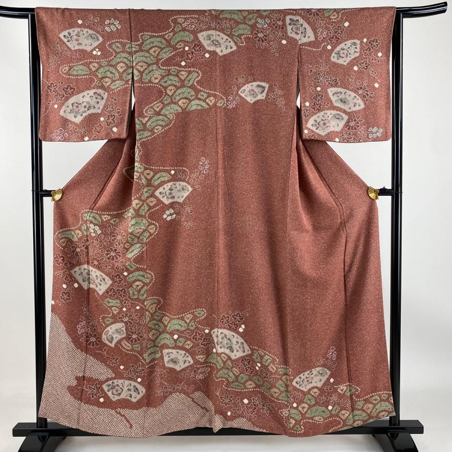 訪問着 身丈158cm 裄丈64.5cm M 袷 扇面 草花 絞り 赤紫 正絹 秀品