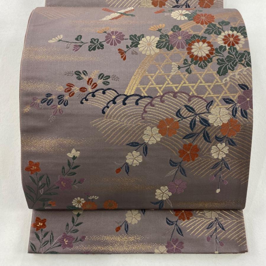 袋帯 秀品 鳥 菊 箔 灰紫 六通 正絹 中古 : リユースセレクトショップ