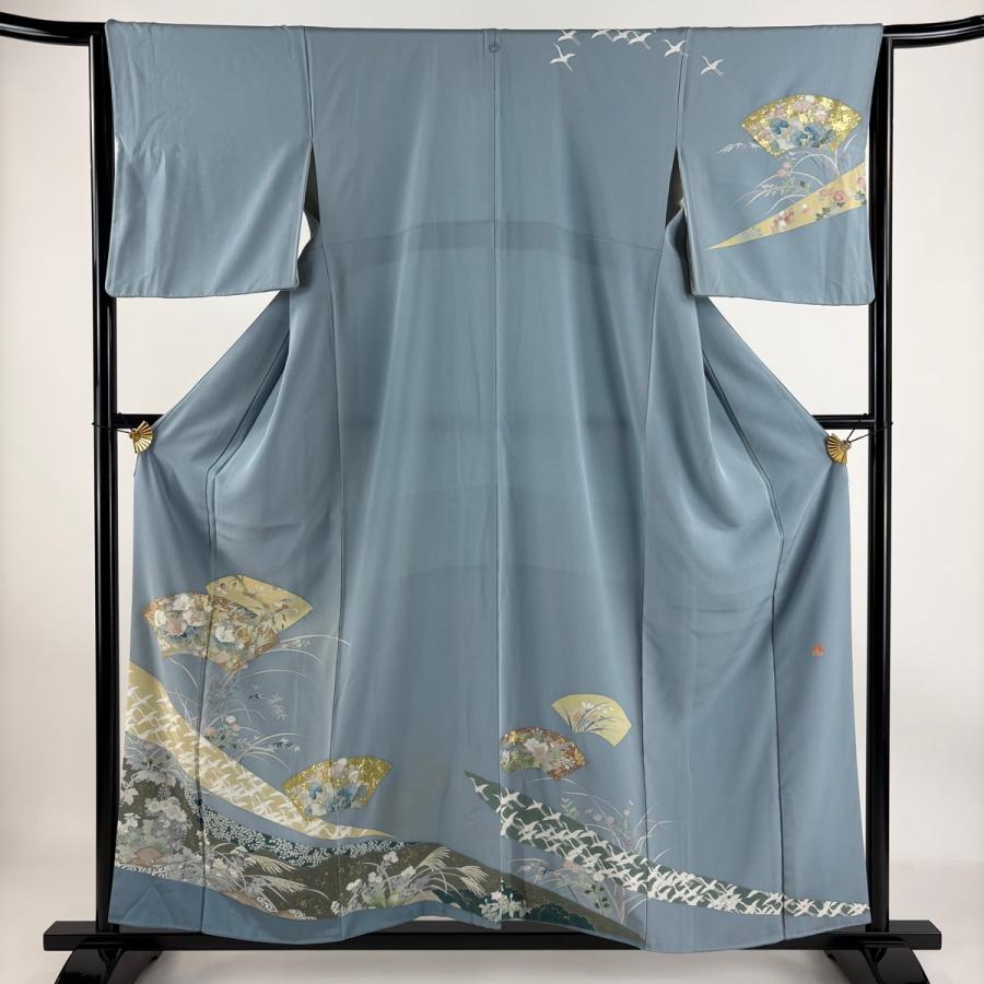 訪問着 身丈157cm 裄丈64cm M 袷 落款あり 扇面 草花 金彩 水色 正絹