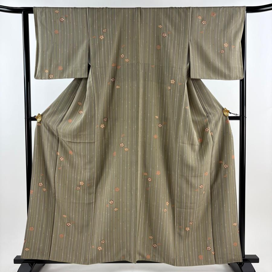 小紋 身丈158.5cm 裄丈63.5cm S 袷 梅 竹 金彩 灰緑 正絹 美品 秀品