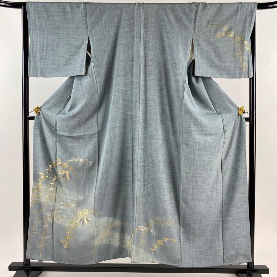 訪問着 身丈156.5cm 裄丈65cm M 袷 竹 金銀彩 青灰色 正絹 秀品 一つ紋