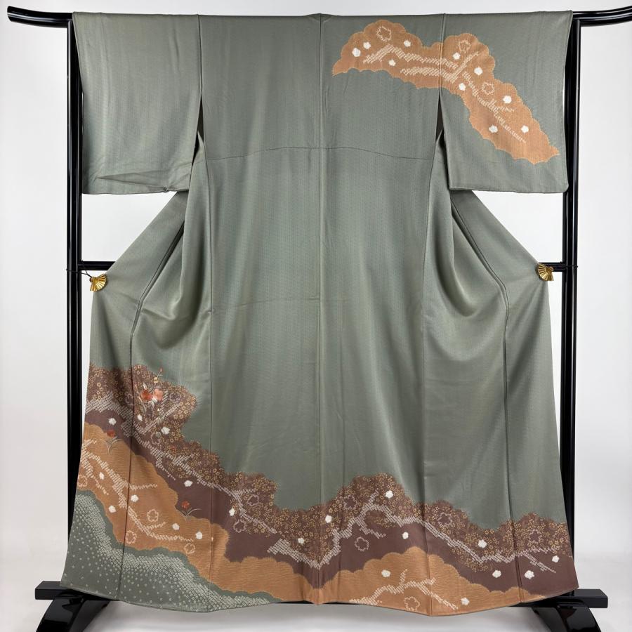 訪問着 身丈160cm 裄丈65cm M 袷 草花 雲文 金糸 刺繍 灰緑 正絹 秀品