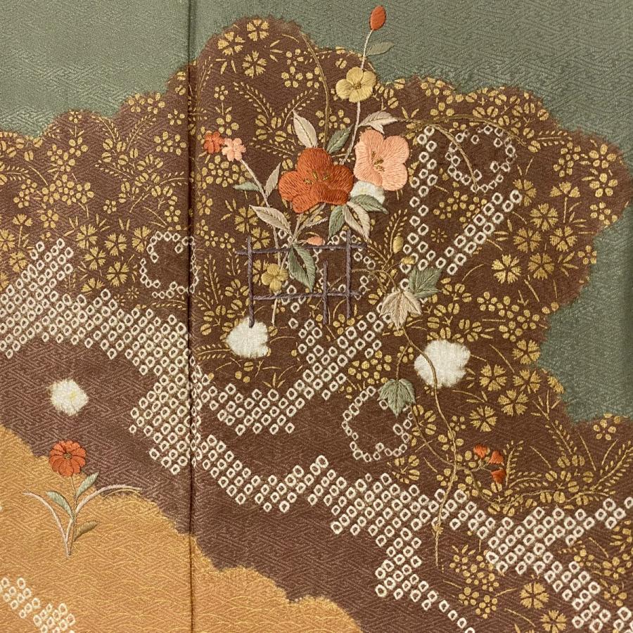 訪問着 身丈160cm 裄丈65cm M 袷 草花 雲文 金糸 刺繍 灰緑 正絹 秀品
