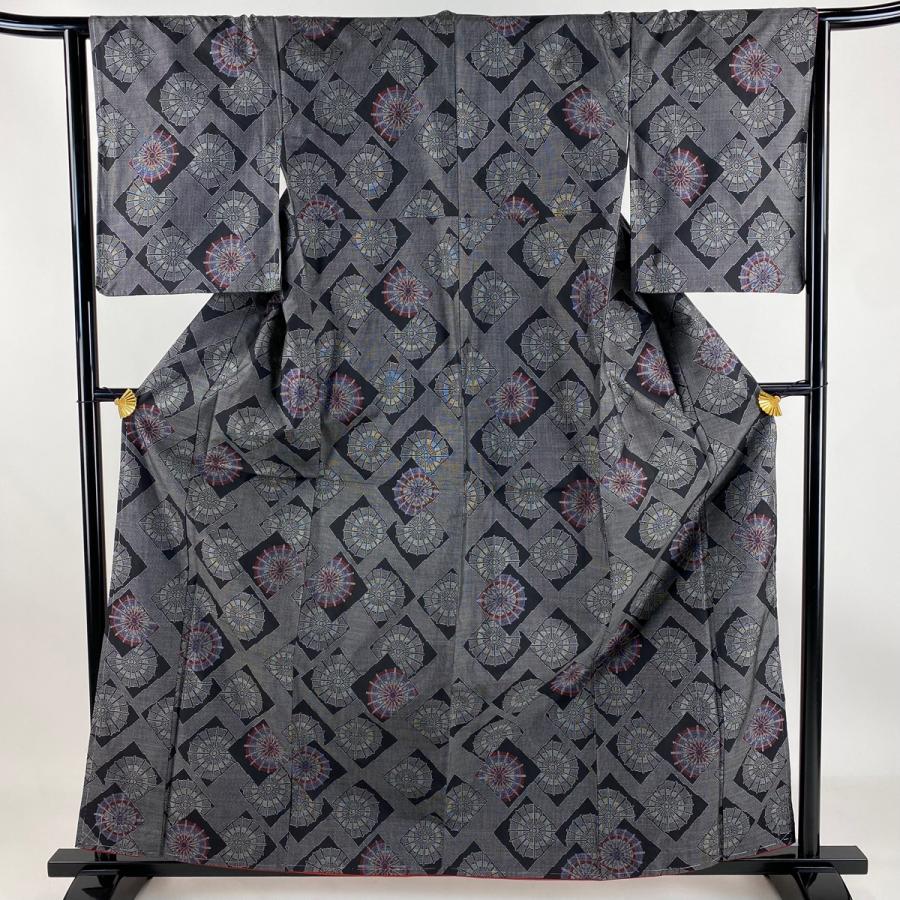 大島紬 身丈161cm 裄丈64.5cm M 袷 証紙あり 番傘 色紙 黒 正絹 美品