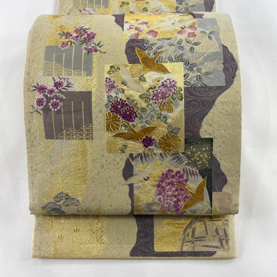 409my2◇結城紬 証紙 刺繍 金銀彩 バロック 洋風 全通 袋帯◇美品 美品 袋帯 逸品 証紙あり 草花 鶴 金銀糸 箔 ベージュ 六通 正絹 中古