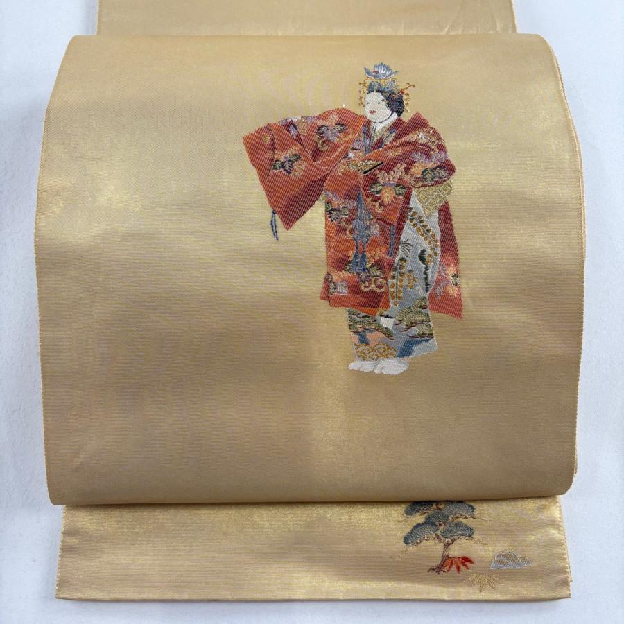 袋帯 名品 能 草花 金糸 本金箔 金色 お太鼓柄 正絹 中古 : リユース