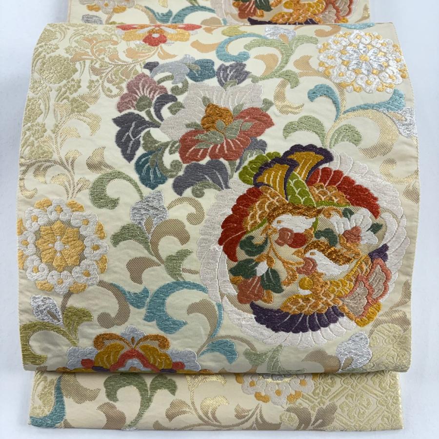 袋帯 名品 飛翔円華文 唐織 箔 薄黄 六通 正絹 中古 : リユース