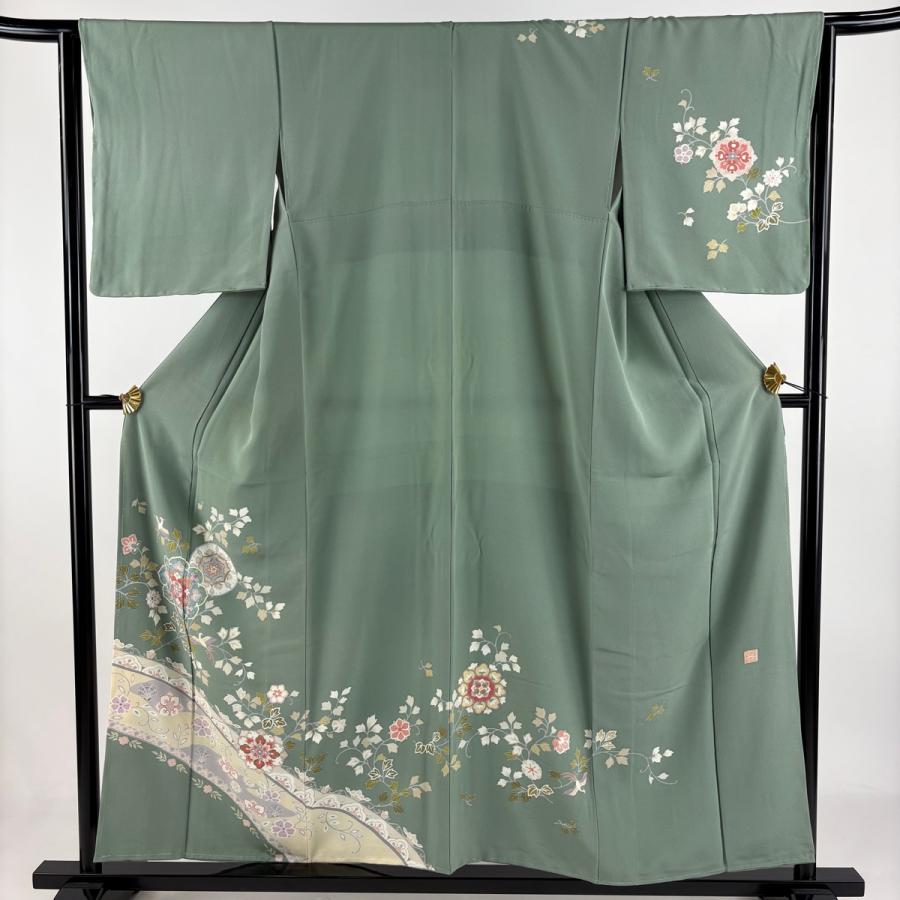 訪問着 袷 金彩加工 銀通し 手染め 緑 揚羽蝶 裄66 L 中古 sn1878