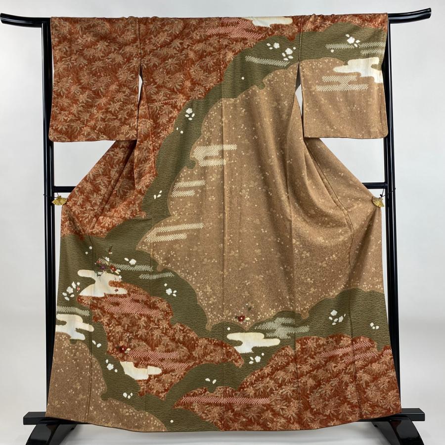 美品 訪問着 身丈161cm 裄丈64cm M 袷 椿 ヱ霞 刺繍 絞り 赤茶 正絹 秀
