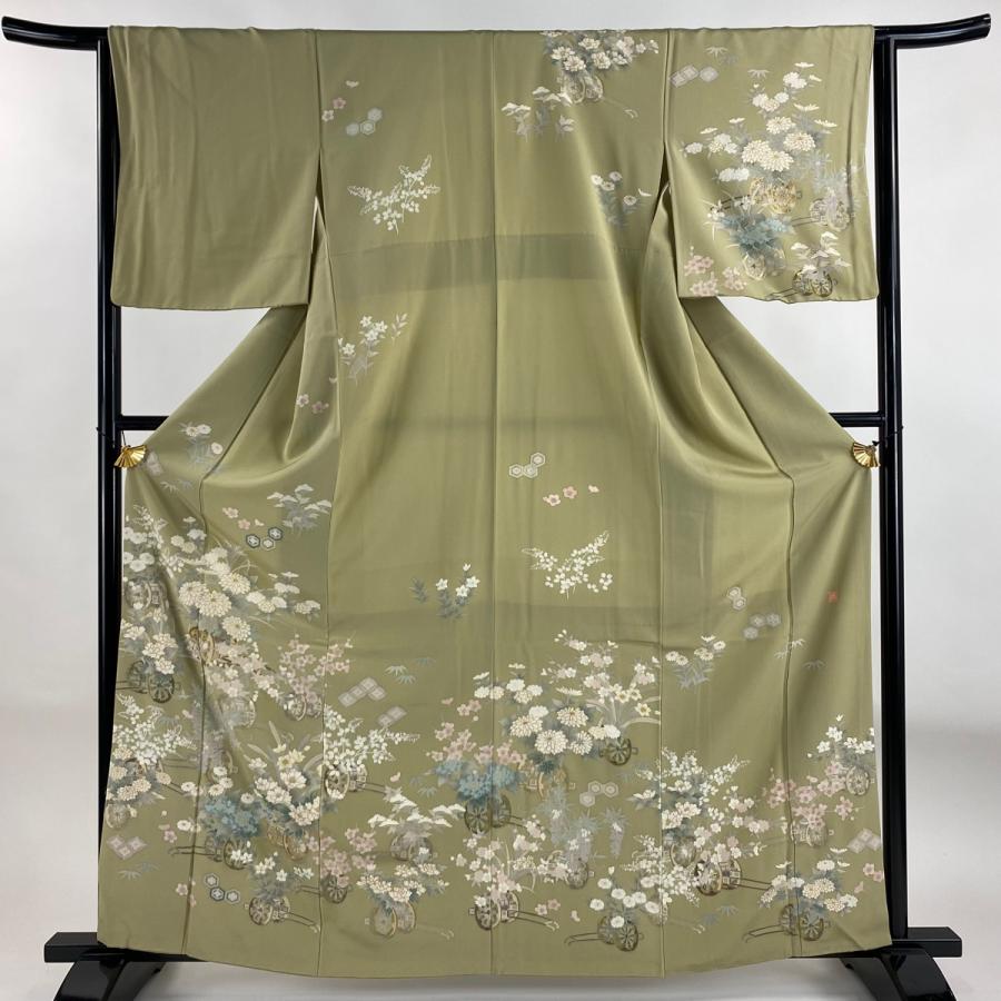 訪問着フルセット 花絵巻文　金彩　パールトーン　身丈162.5cm 裄丈64cm 訪問着 身丈162.5cm 裄丈64cm M 袷 落款あり 花車 菊 金彩 灰緑 正絹