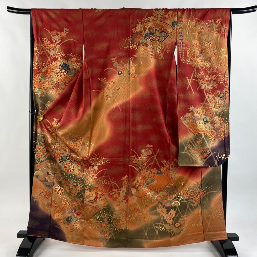 振袖 身丈164cm 裄丈66cm M 袷 御所車 花鳥 金糸 金彩 赤 正絹 秀品
