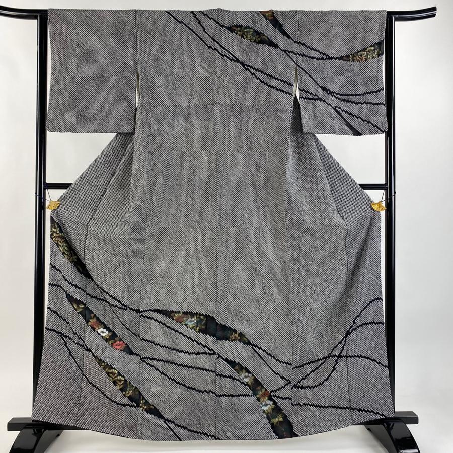 訪問着 身丈163cm 裄丈63.5cm S 袷 椿 萩 刺繍 絞り 黒 正絹 秀品 中古