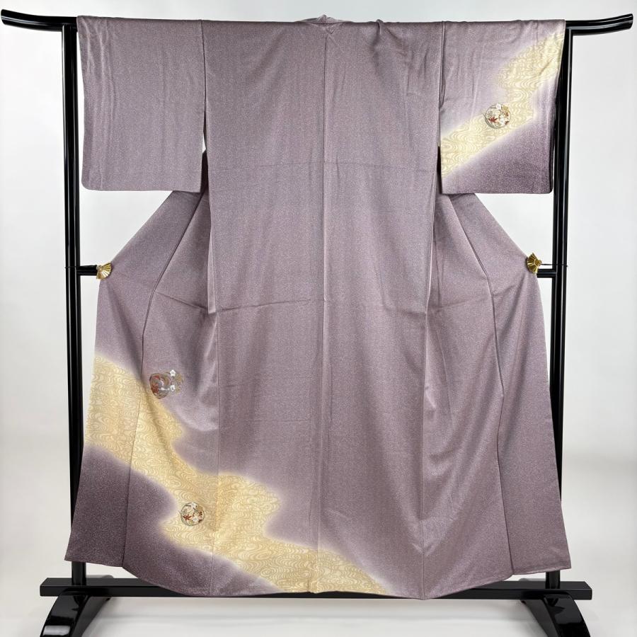 付下げ 身丈155.5cm 裄丈64cm M 袷 花丸文 流水 刺繍 金銀糸 紫 正絹