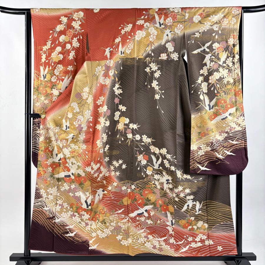 振袖 身丈155cm 裄丈64cm M 袷 鶴 草花 金糸 金彩 赤茶 正絹 秀品 中古