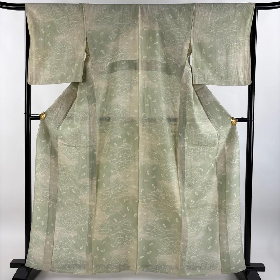 小紋 身丈163cm 裄丈66cm M 薄物 縦絽 蝶 雲文 金彩 ぼかし 薄緑 正絹 