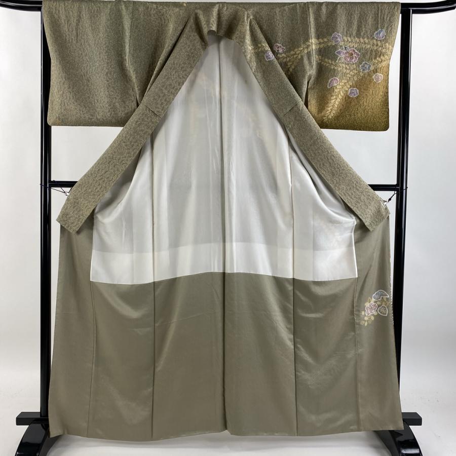 超美品　正絹　袷　現代　訪問着　着物　162.5裄64　薄緑　グレー　赤 黄緑 訪問着 身丈162.5cm 裄丈65cm M 袷 落款あり 辻が花 霞 染め分け