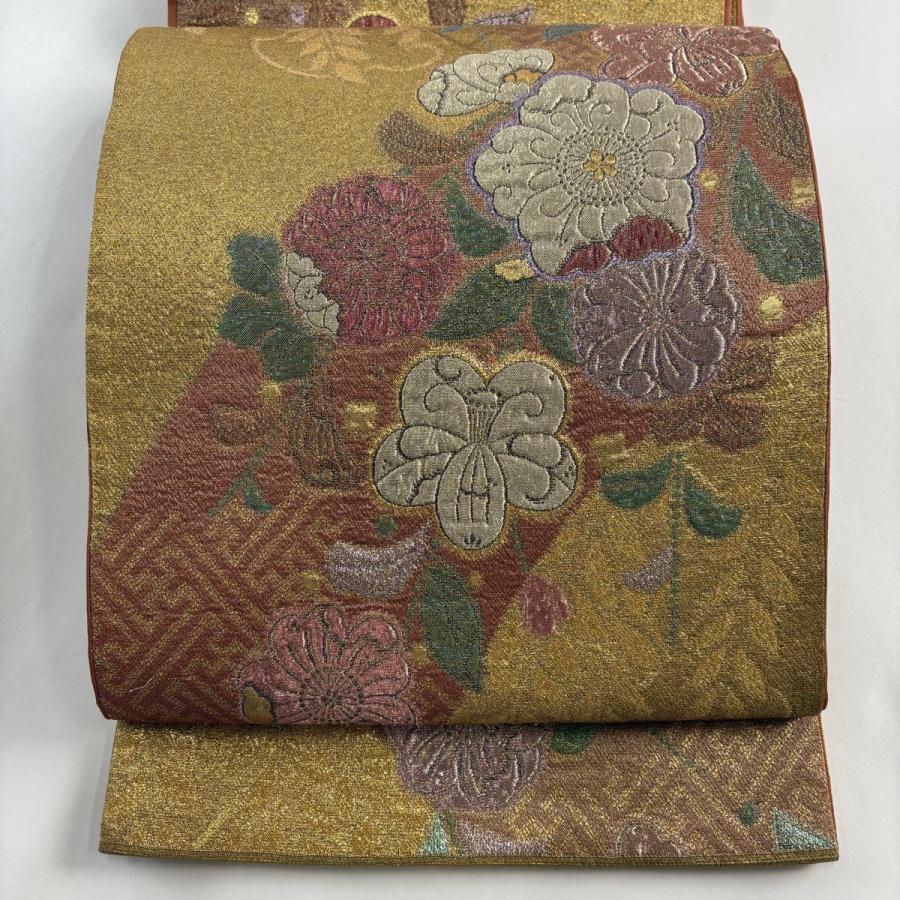 袋帯 美品 秀品 関西仕立て 草花 紗綾形 箔 金糸 茶色 六通 正絹 中古