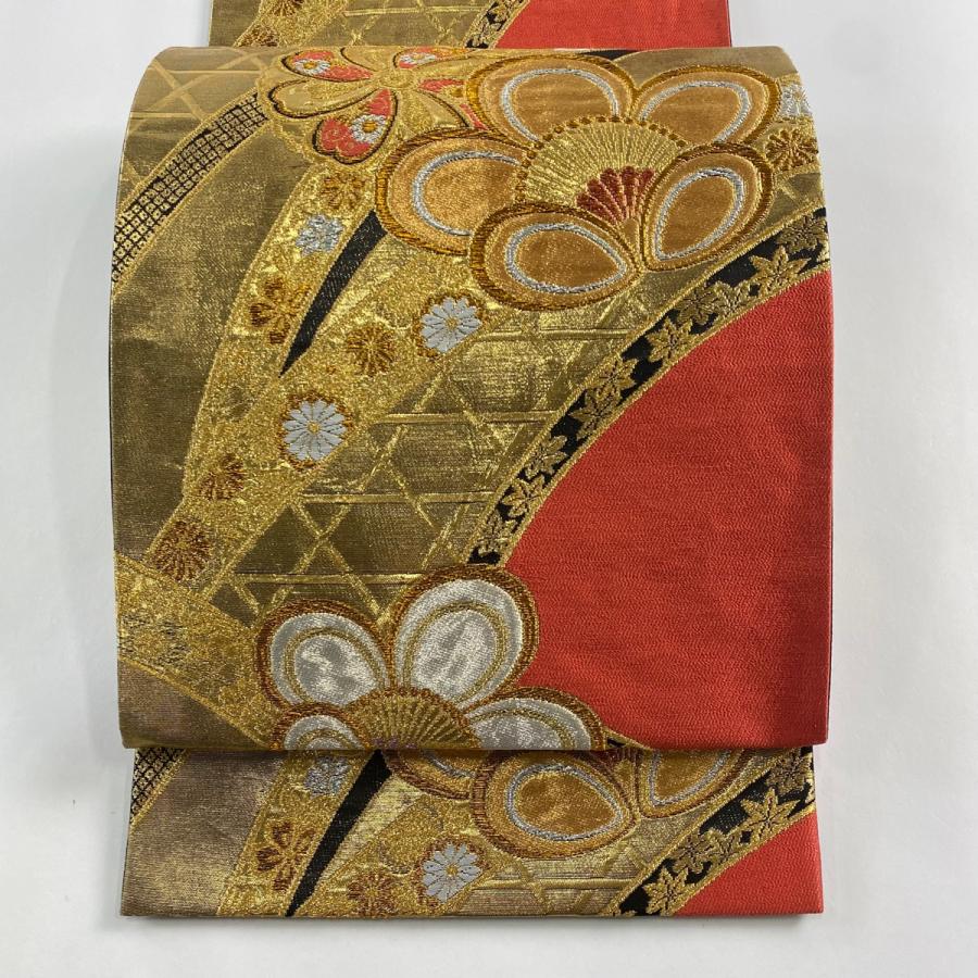 袋帯  赤茶色  竹林  金糸  箔  六通 中古）袋帯 赤 フォーマル 六通柄 金糸 銀糸 梅 雪持ち柳