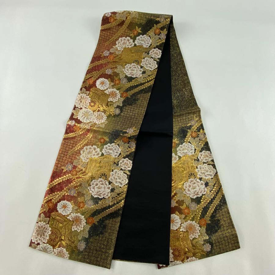 袋帯 美品 秀品 御所車 牡丹 箔 金色 六通 正絹 中古 : リユース