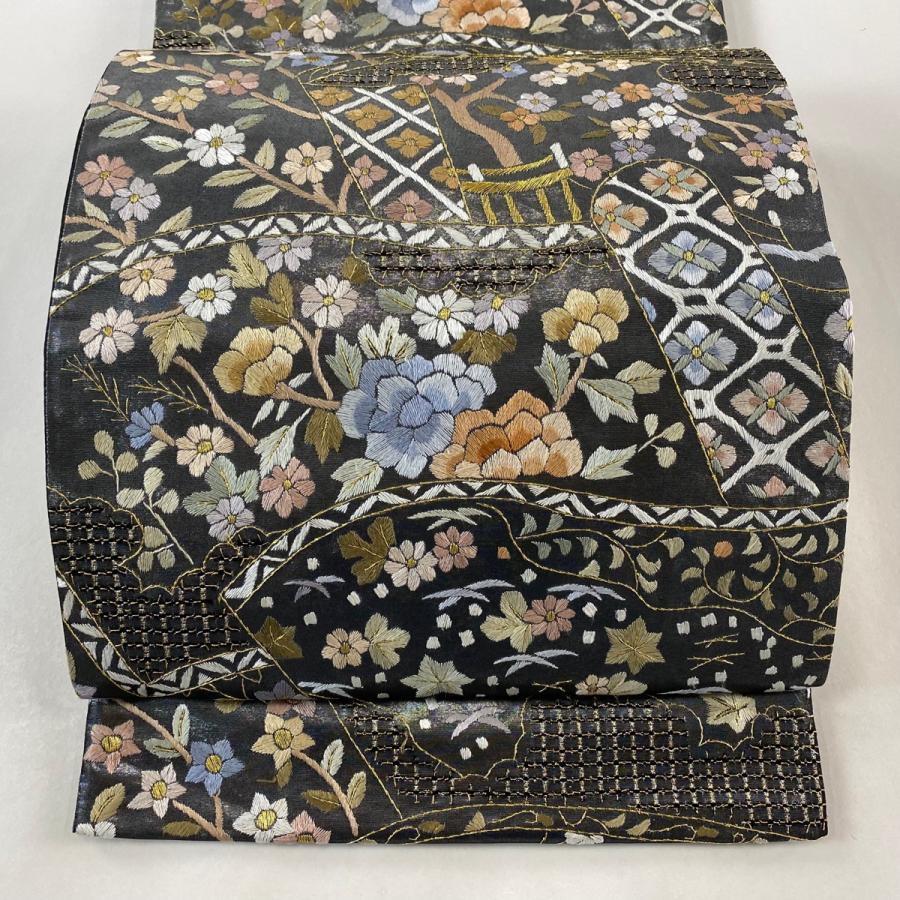 刺繍 六通 袋帯 金糸 正絹 未使用品 袋帯 逸品 巻物 枝花 刺繍 金糸 銀色 六通 正絹 中古 在庫一掃