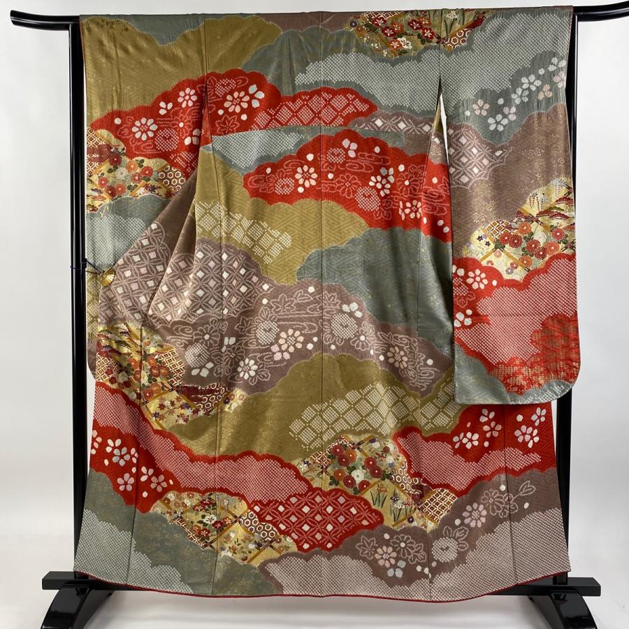 振袖 身丈160cm 裄丈65cm M 袷 菊 七宝 絞り 金糸 朱色 正絹 秀品 中古