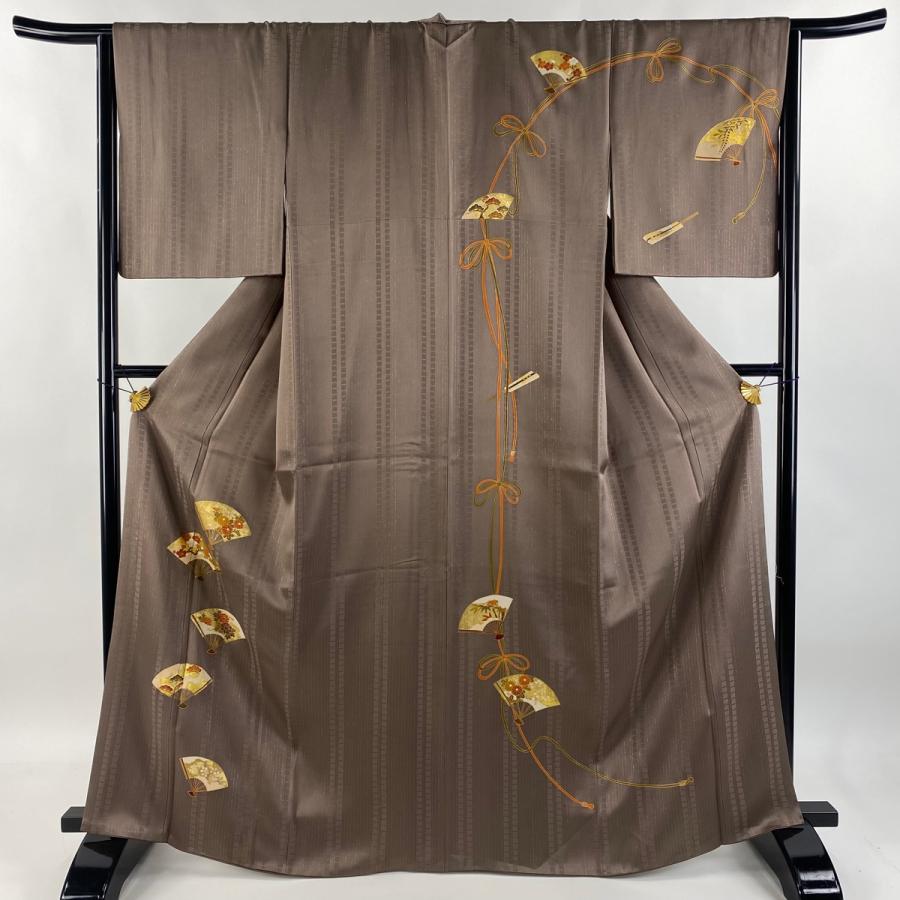 付下げ 身丈166.5cm 裄丈65cm M 袷 扇 草花 金通し 金彩 茶色 正絹 秀
