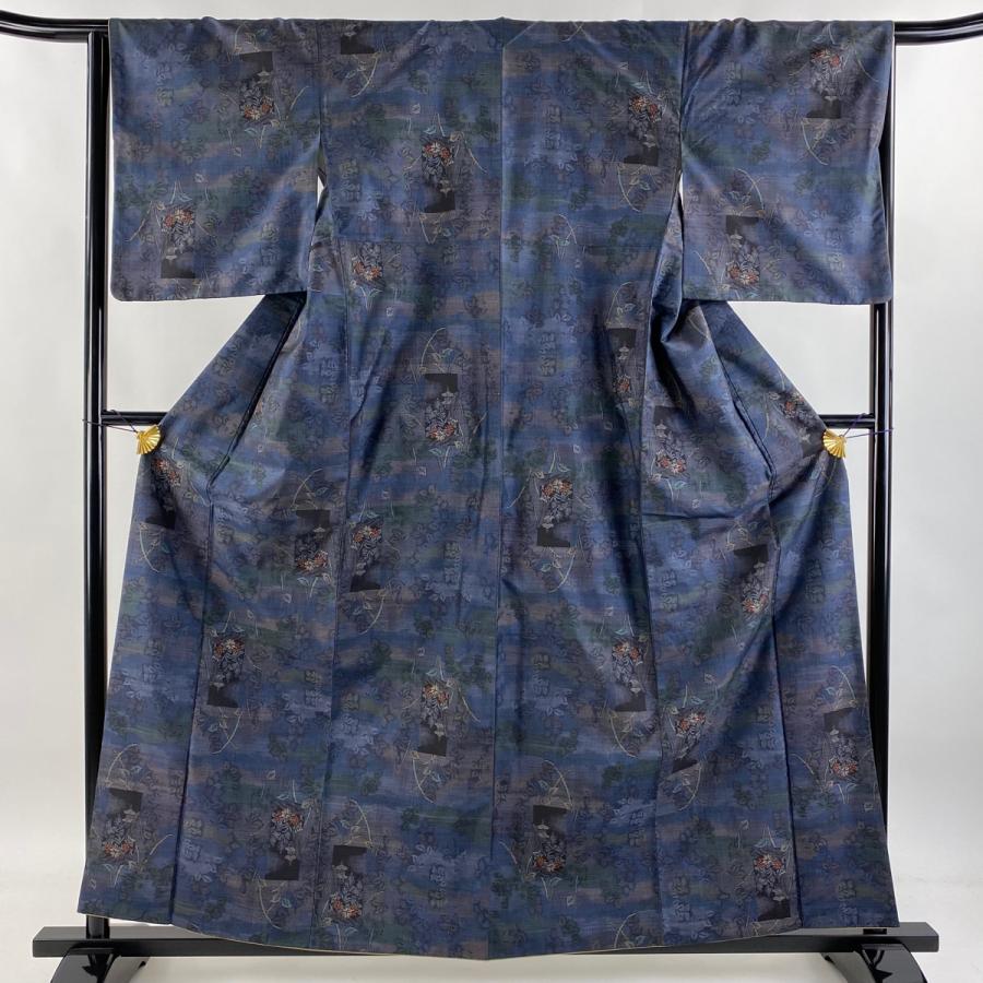 紬 身丈160cm 裄丈65cm M 袷 草花 建物 青紫 正絹 美品 秀品 中古