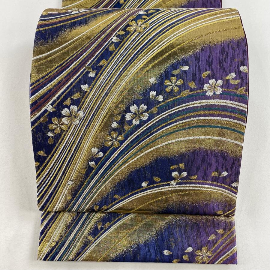 袋帯 美品 秀品 鈴乃屋 桜 花びら 金糸 箔 青 六通 正絹 中古