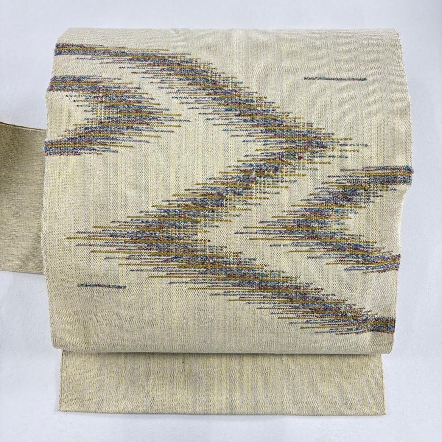 名古屋帯 秀品 八寸名古屋帯 組織 幾何学模様 金通し 金糸 名古屋帯 美品 秀品 幾何学模様 金糸 箔 灰緑 正絹 中古 : リユース