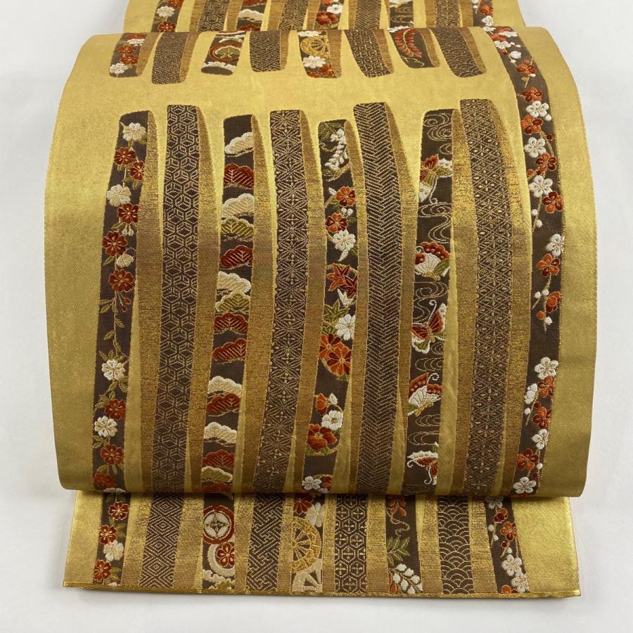 袋帯 美品 秀品 聚廻螺旋文 箔 金糸 金色 六通 正絹 中古 : リユース
