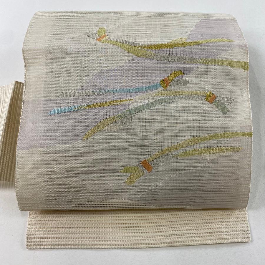 名古屋帯 美品 名品 夏帯 絽 八寸名古屋帯 幾何学 霞 金銀糸 クリーム